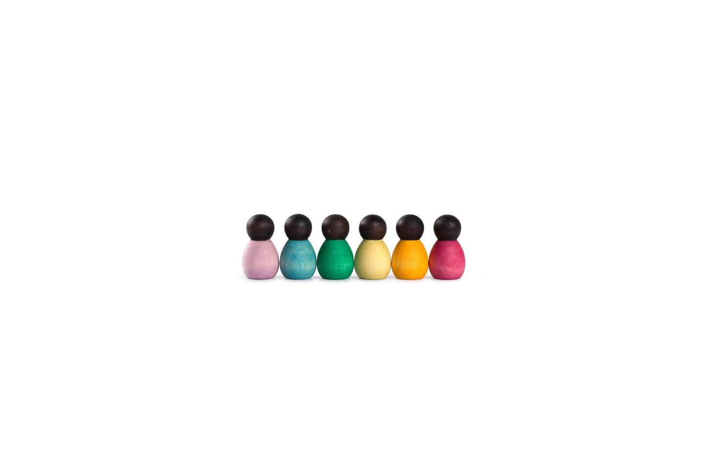 six small wooden baby figurines with dark coloured heads and bodies in various rainbow colours.